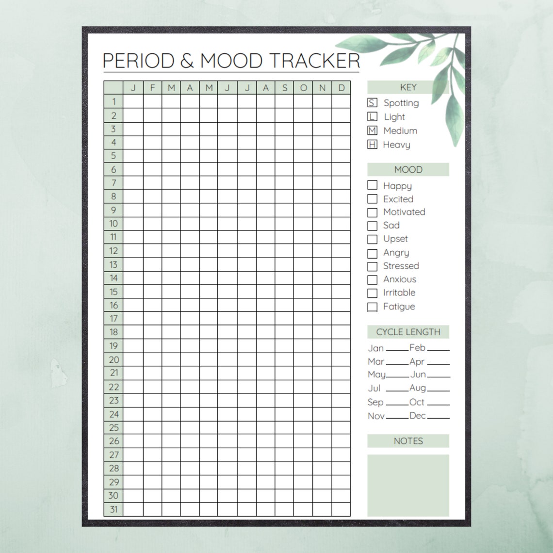 Printable Period and Mood Tracker Monthly Menstrual Cycle